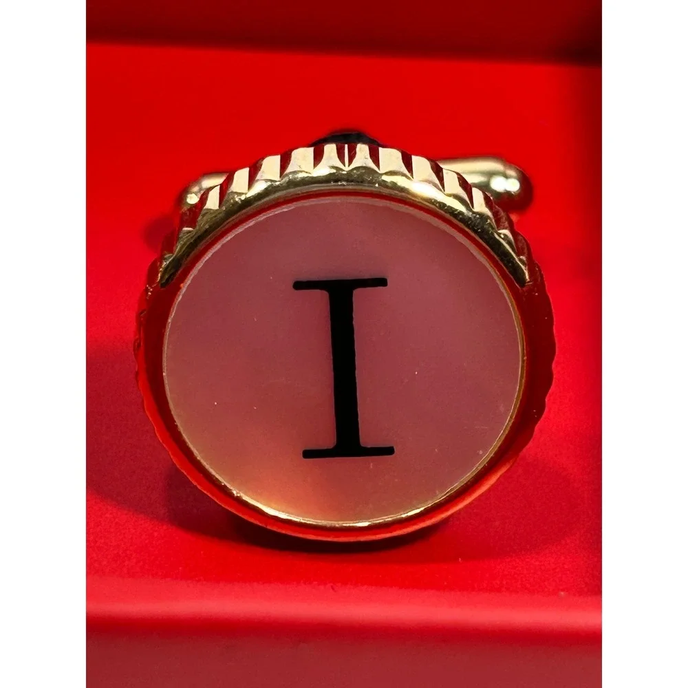 Gold Tone Initial I Monogram Cufflinks Round Mother of Pearl Style Inlay Boxed